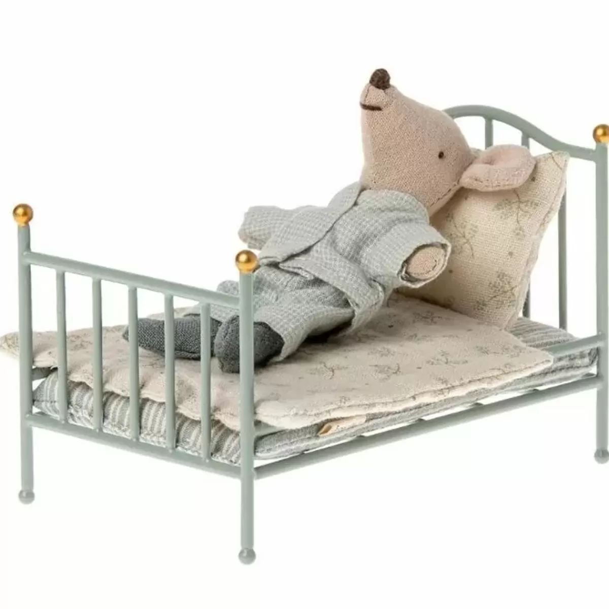 Poppenhuizen & Toebehoren-Maileg Miniatuur Vintage Bed Muis Mint